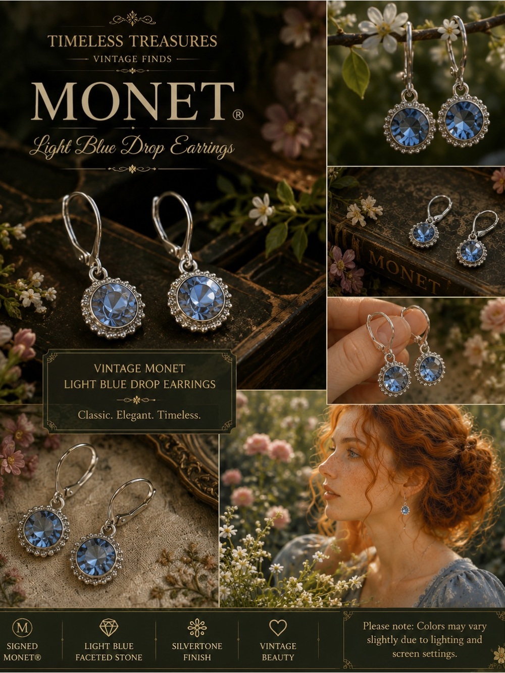 Vintage Monet Silver Tone Blue Crystal Rhinestone Drop Leverback Earrings